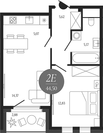 Планировка евродвушка (2Е) 44.5 м² в ЖК «Сердце Лыткарино», корпус 1