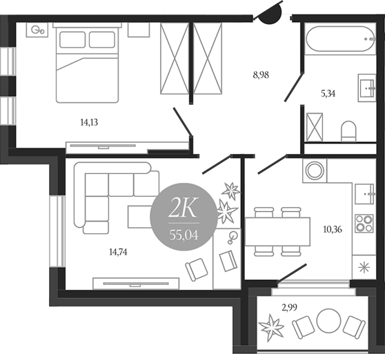 Планировка двухкомнатная 55.04 м² в ЖК «Сердце Лыткарино», корпус 1
