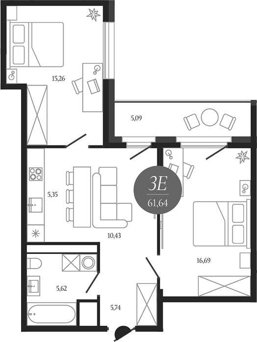 Планировка евротрёшка (3Е) 61.64 м² в ЖК «Сердце Лыткарино», корпус 1
