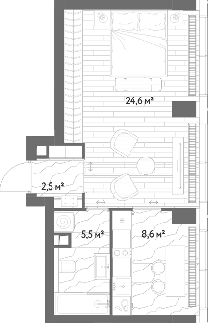 Планировка однокомнатная 41.2 м² в ЖК «С5», корпус 6