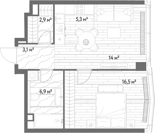 Планировка евродвушка (2Е) 48.7 м² в ЖК «С5», корпус 4