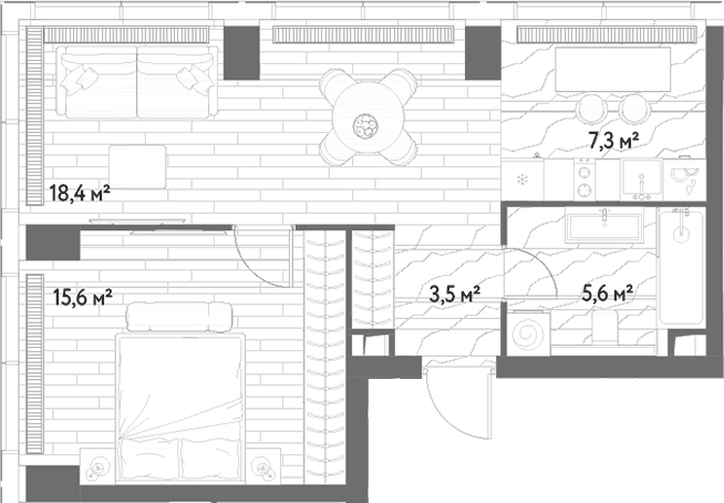 Планировка евродвушка (2Е) 50.4 м² в ЖК «С5», корпус 6