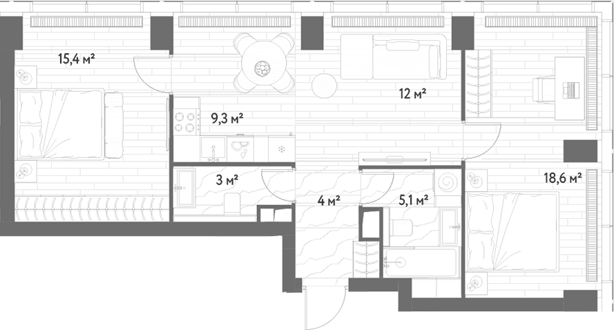 Планировка евротрёшка (3Е) 67.4 м² в ЖК «С5», корпус 6