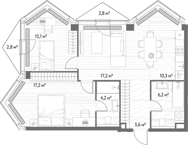 Планировка евротрёшка (3Е) 74.3 м² в ЖК «С5», корпус 4