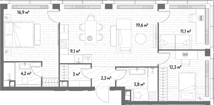 Планировка евро-4 (4Е) 84.3 м² в ЖК «С5», корпус 1