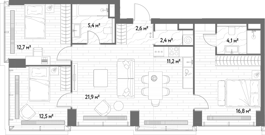 Планировка евро-4 (4Е) 89.6 м² в ЖК «С5», корпус 1