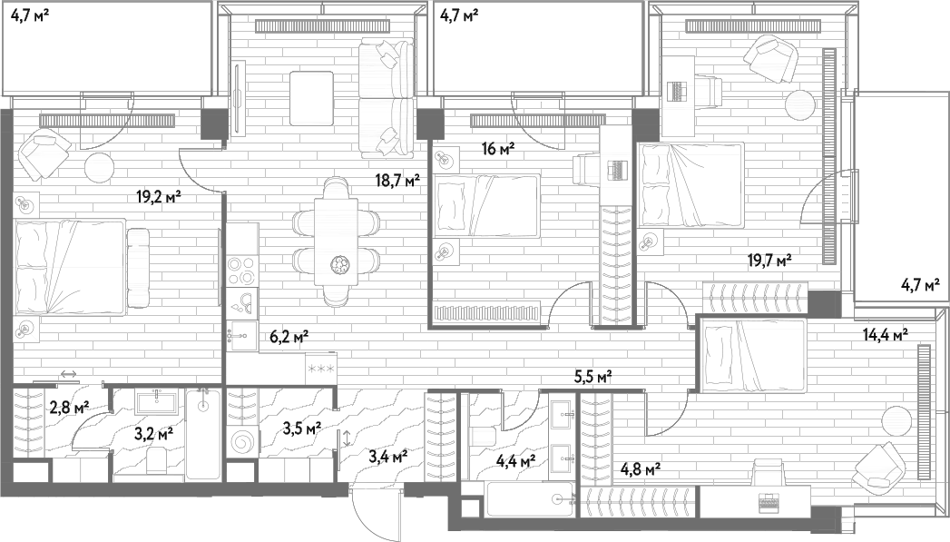 Планировка 5Е-к.кв 126 м² в ЖК «С5», корпус 1