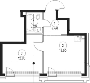 Планировка однокомнатная 35.5 м² в ЖК «СЕТ», корпус 1.1