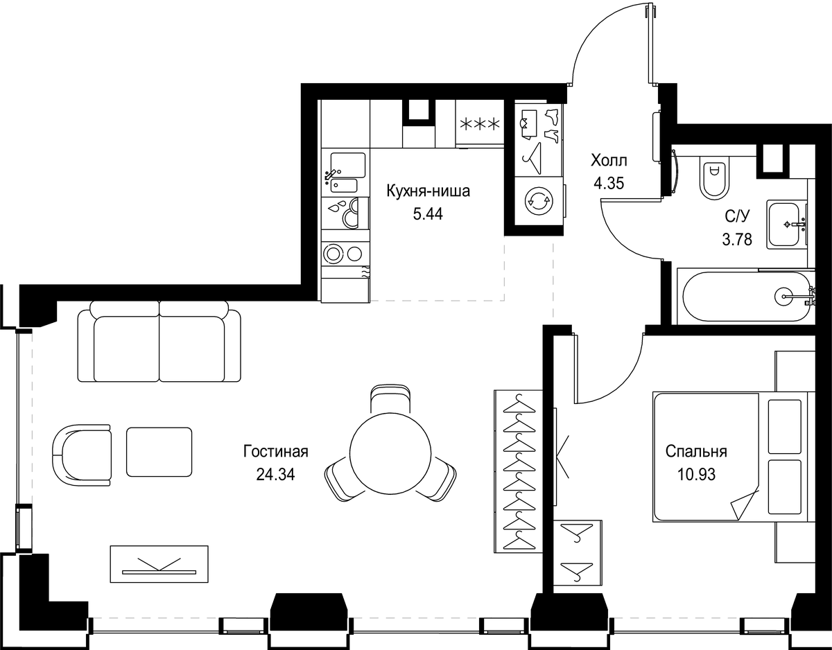 Планировка евродвушка (2Е) 48.84 м² в ЖК «СЕТ», корпус 2.А