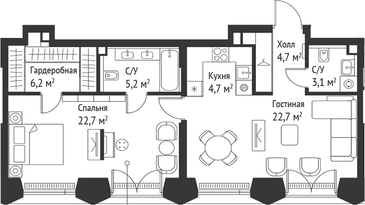 Планировка евродвушка (2Е) 69.4 м² в ЖК «СЕТ», корпус 2.А