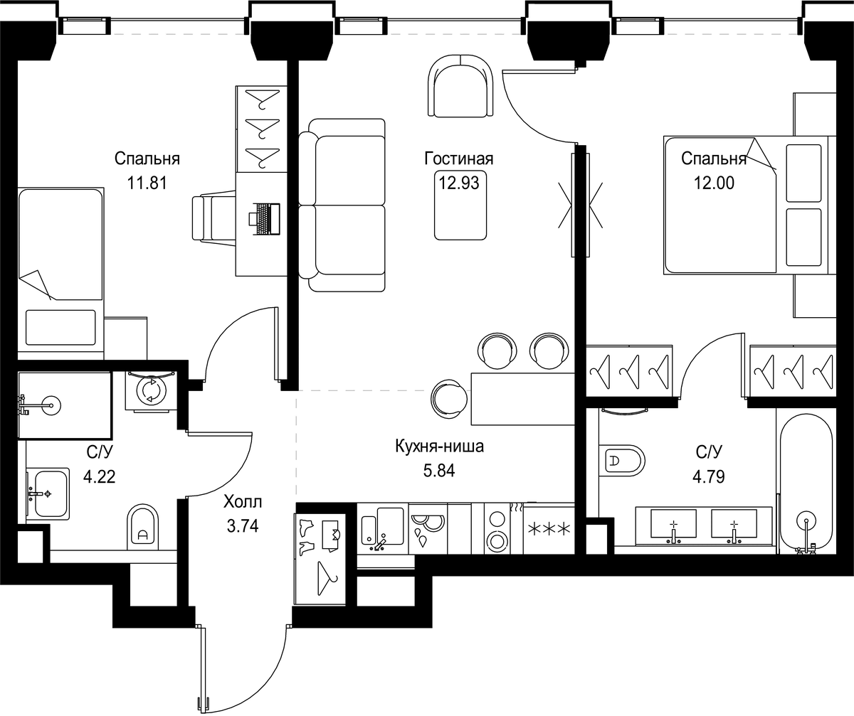 Планировка евротрёшка (3Е) 55.33 м² в ЖК «СЕТ», корпус 2.А