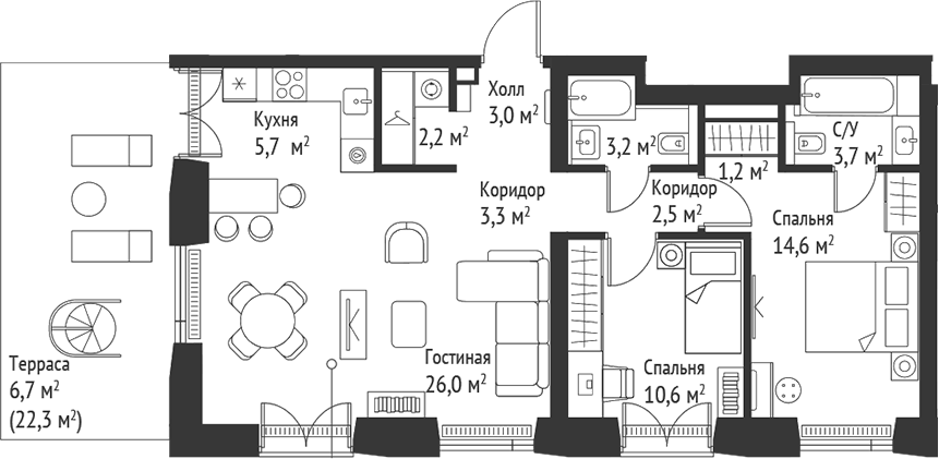 Планировка евротрёшка (3Е) 82.8 м² в ЖК «СЕТ», корпус 2.А