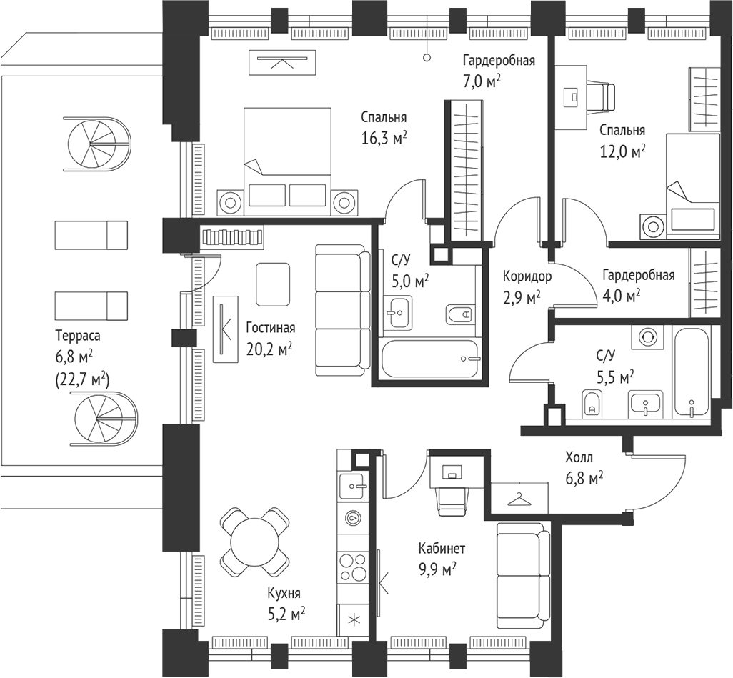 Планировка евро-4 (4Е) 101.6 м² в ЖК «СЕТ», корпус 2.Е