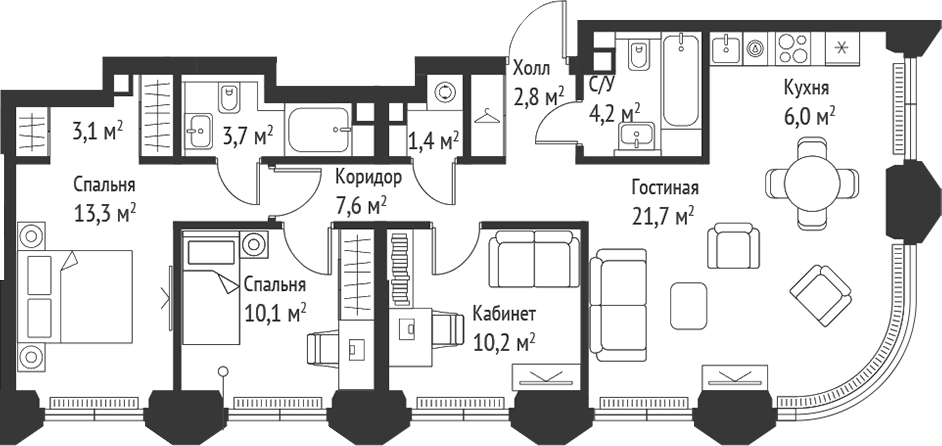 Планировка евро-4 (4Е) 84 м² в ЖК «СЕТ», корпус 2.А
