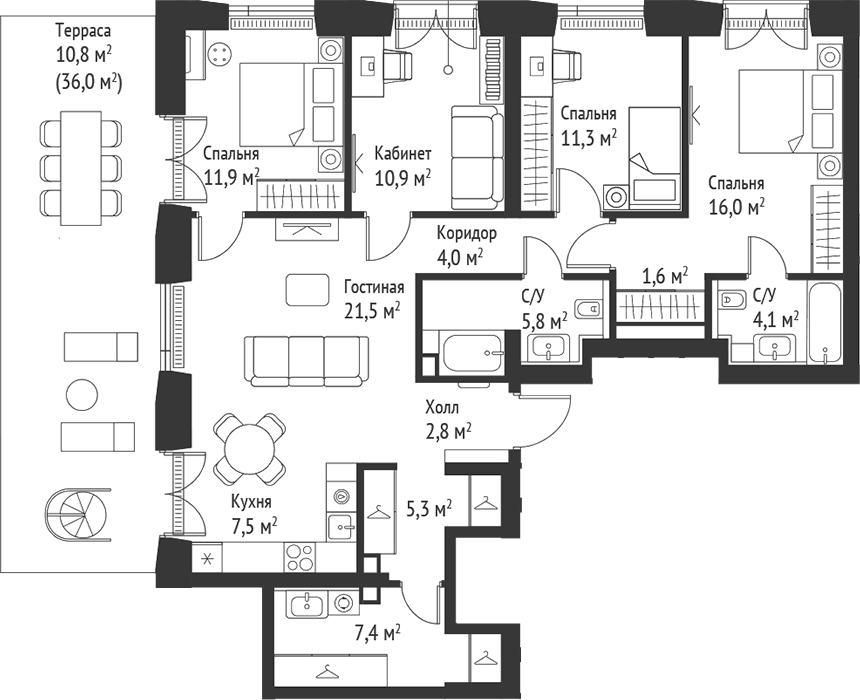 Планировка 5Е-к.кв 120.7 м² в ЖК «СЕТ», корпус 2.А