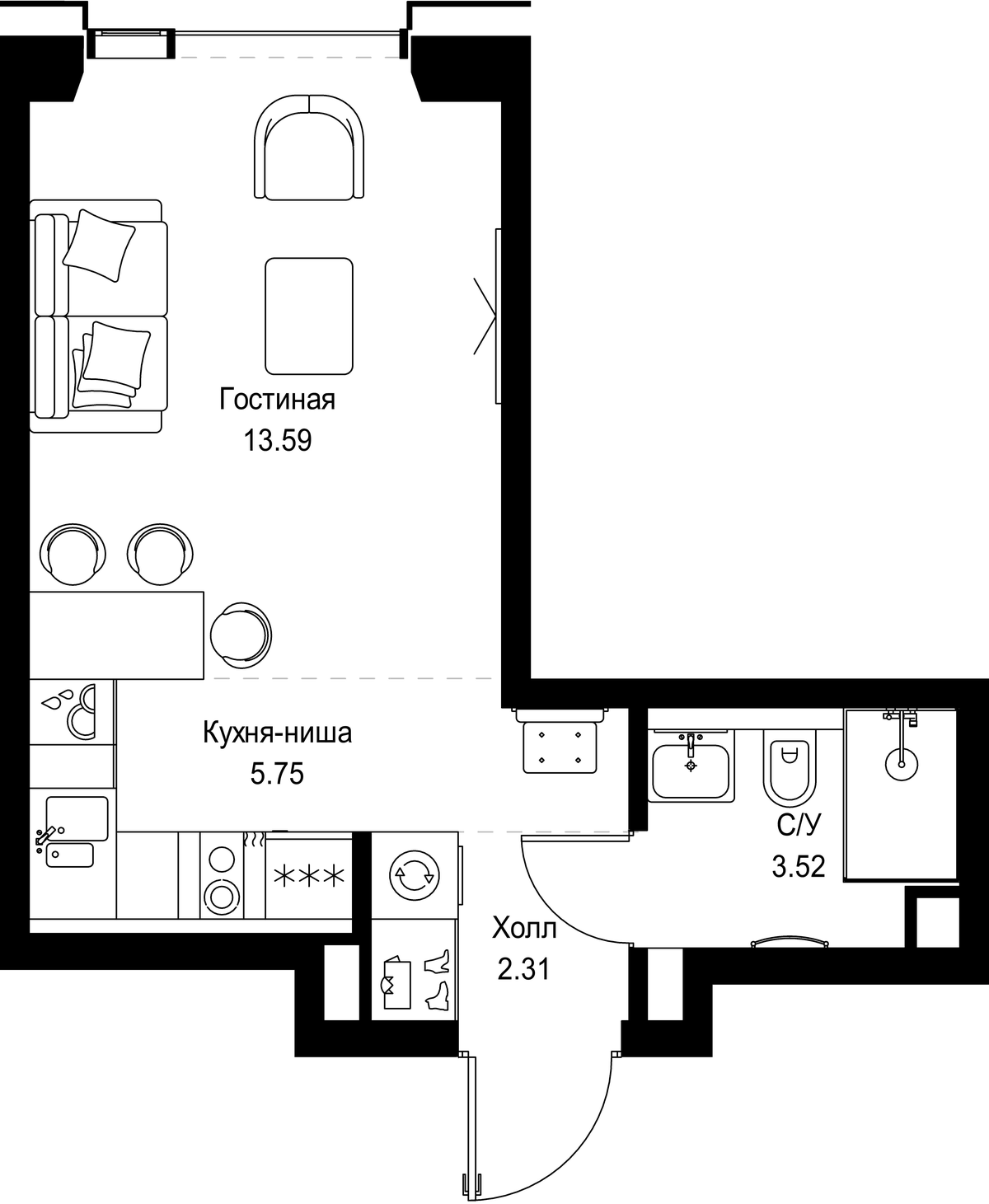 Планировка Студии 25.17 м² в ЖК «СЕТ», корпус 2.А