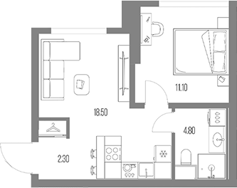 Планировка однокомнатная 36.7 м² в ЖК «Северный Порт», корпус 6.4
