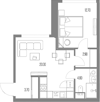 Планировка однокомнатная 44.4 м² в ЖК «Северный Порт», корпус 6.4