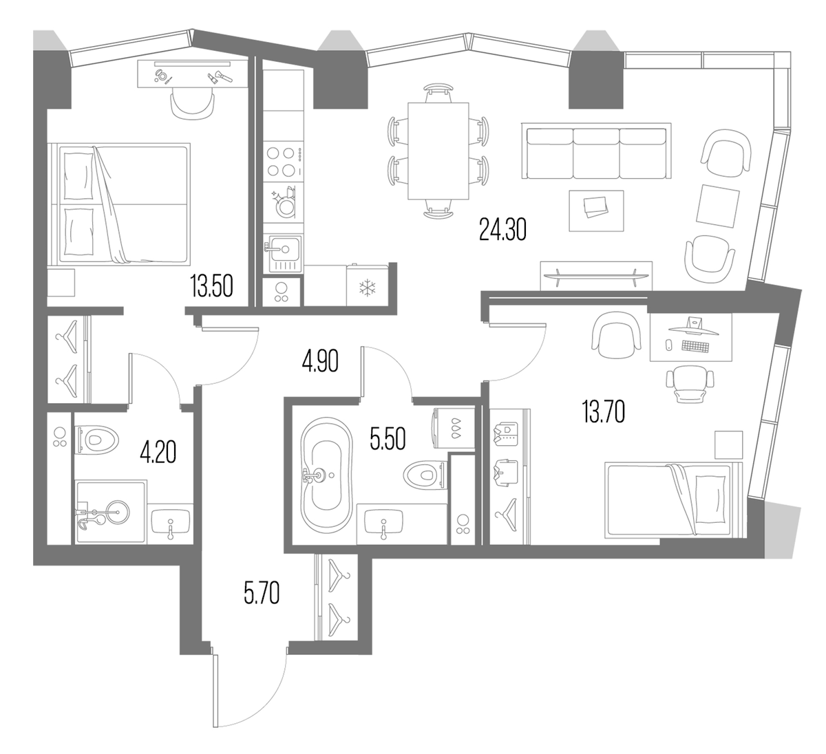 Планировка двухкомнатная 71.8 м² в ЖК «Северный Порт», корпус 7.3