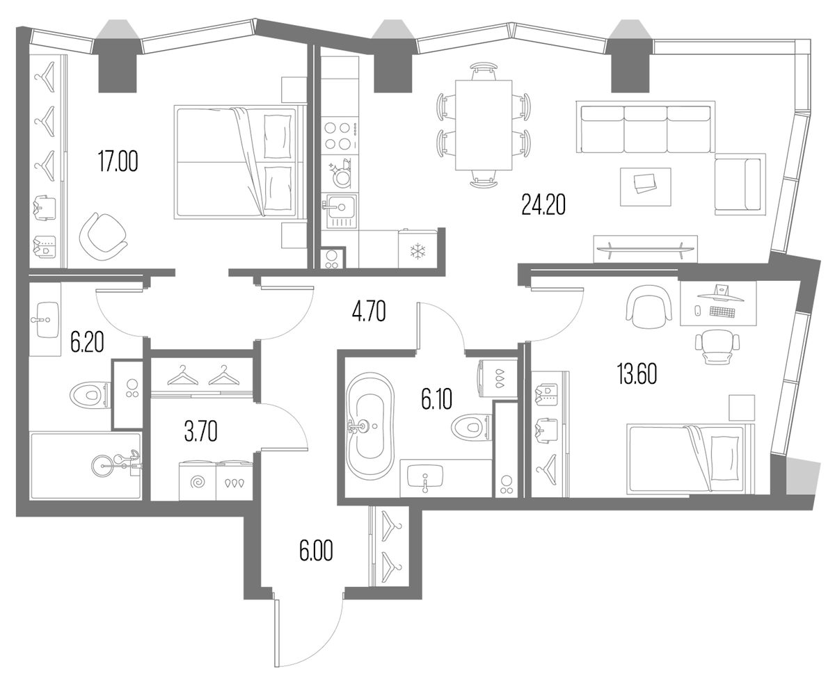 Планировка двухкомнатная 81.5 м² в ЖК «Северный Порт», корпус 7.3