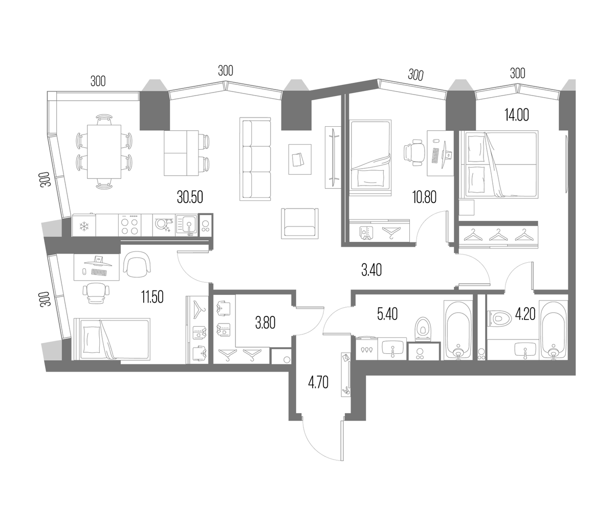 Планировка трёхкомнатная 88.3 м² в ЖК «Северный Порт», корпус 7.3