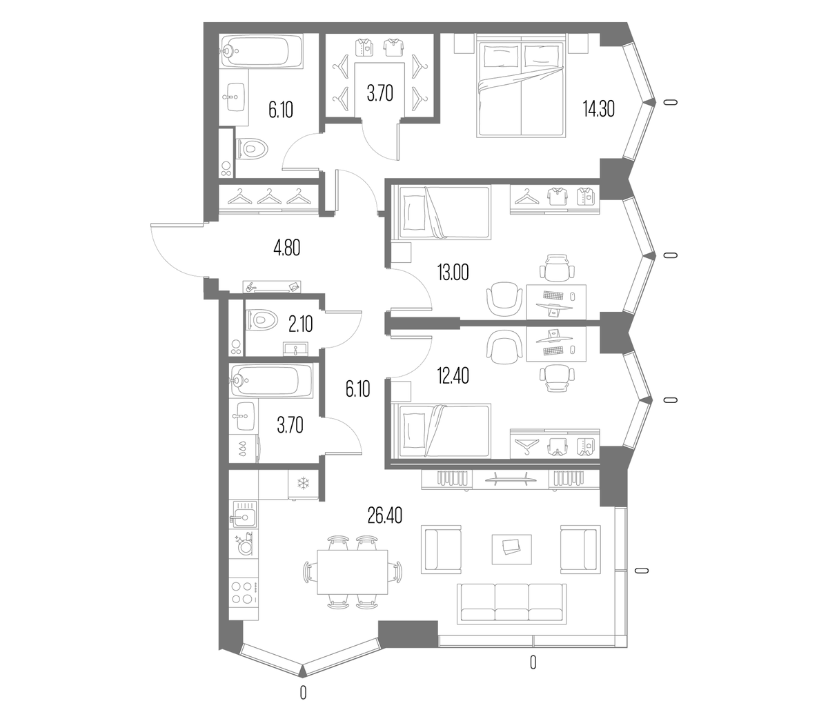 Планировка трёхкомнатная 92.6 м² в ЖК «Северный Порт», корпус 7.1