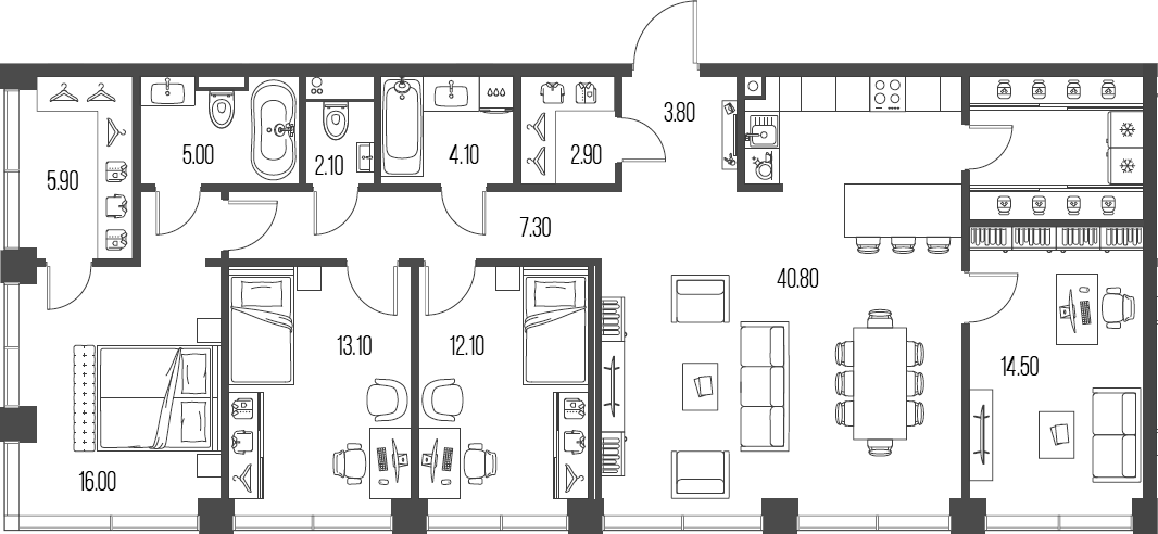 Планировка четырёхкомнатная 134.8 м² в ЖК «Северный Порт», корпус 7.2