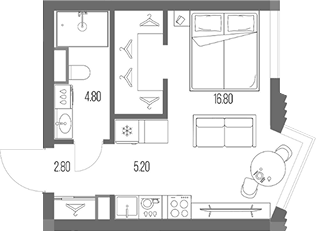 Планировка Студии 29.6 м² в ЖК «Северный Порт», корпус 6.4