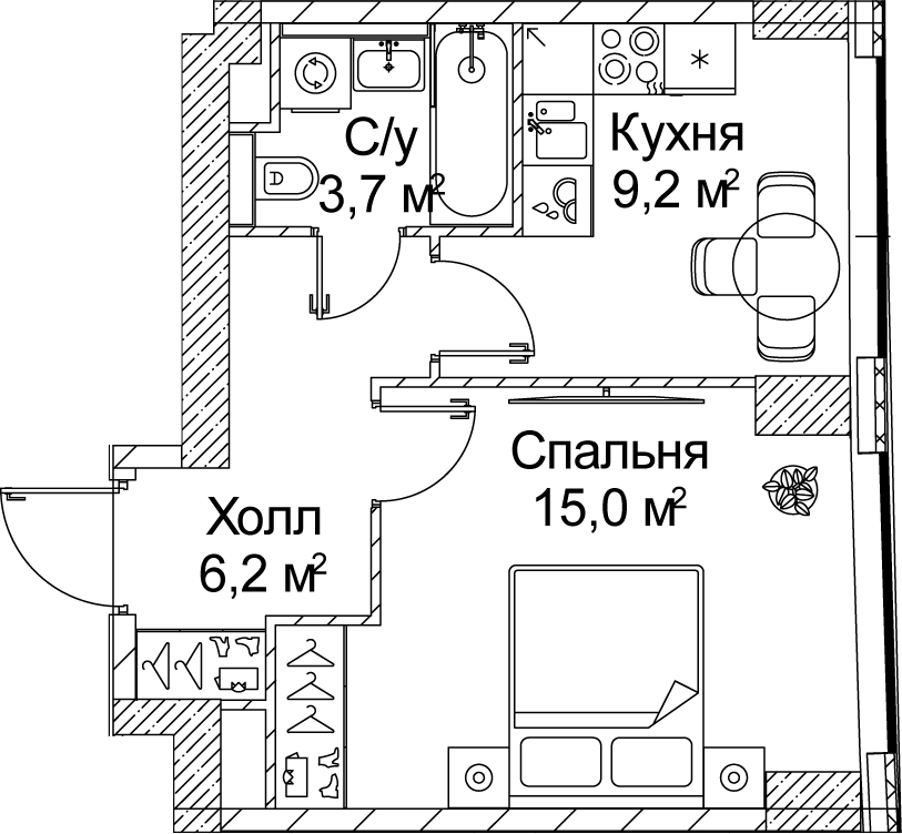 Планировка однокомнатная 34.86 м² в ЖК «СЕЗАР БУДУЩЕЕ», корпус 6