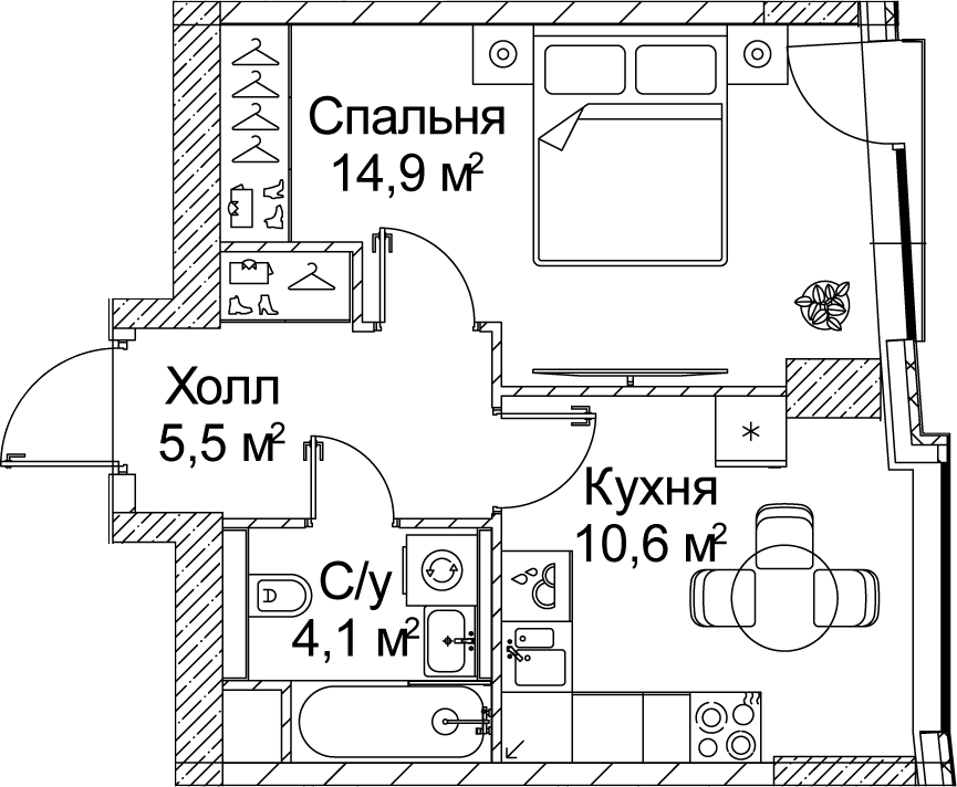 Планировка однокомнатная 35.15 м² в ЖК «СЕЗАР БУДУЩЕЕ», корпус 6