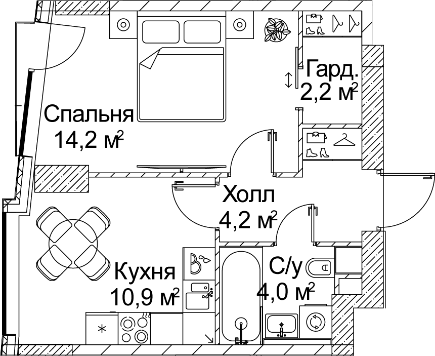 Планировка однокомнатная 35.63 м² в ЖК «СЕЗАР БУДУЩЕЕ», корпус 6