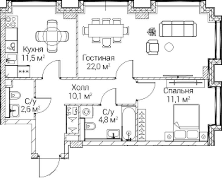 Планировка двухкомнатная 61.68 м² в ЖК «СЕЗАР БУДУЩЕЕ», корпус 7