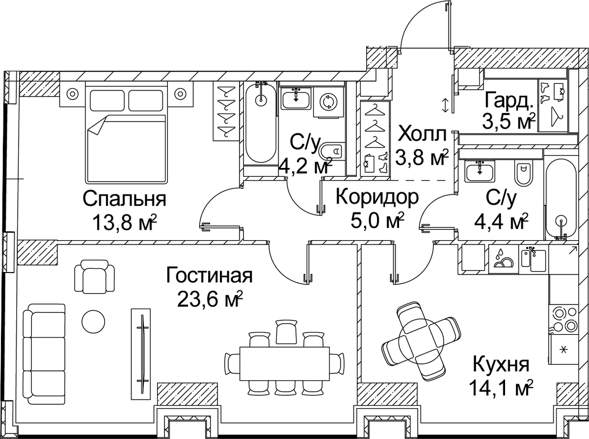 Планировка двухкомнатная 72.75 м² в ЖК «СЕЗАР БУДУЩЕЕ», корпус 6