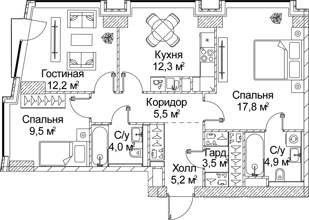 Планировка трёхкомнатная 75.03 м² в ЖК «СЕЗАР БУДУЩЕЕ», корпус 6
