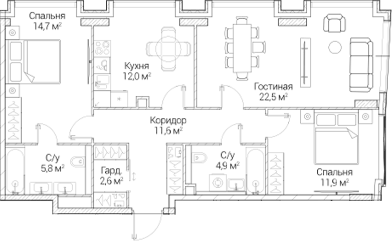 Планировка трёхкомнатная 86 м² в ЖК «СЕЗАР БУДУЩЕЕ», корпус 4