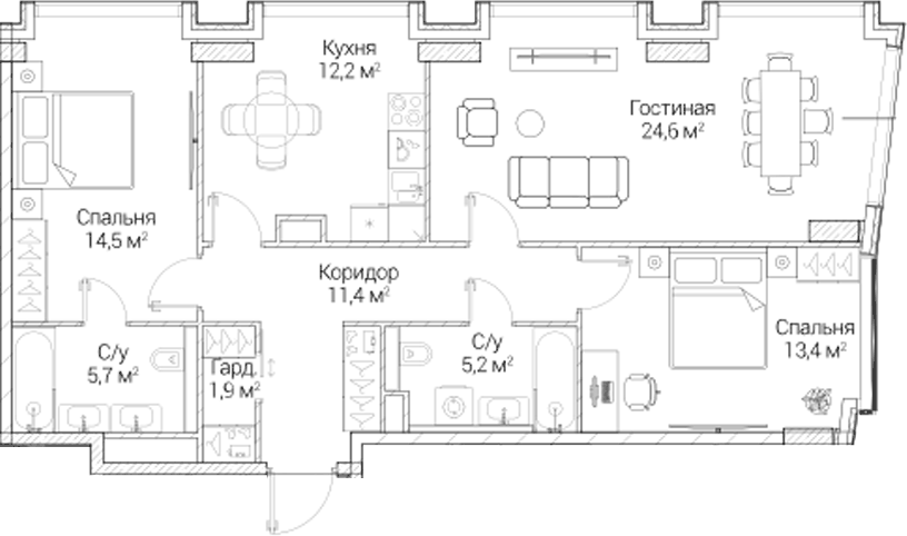 Планировка трёхкомнатная 88.9 м² в ЖК «СЕЗАР БУДУЩЕЕ», корпус 4