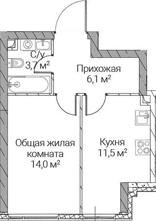 Планировка однокомнатная 35.3 м² в ЖК «СЕЗАР СИЛИКА», корпус 2А