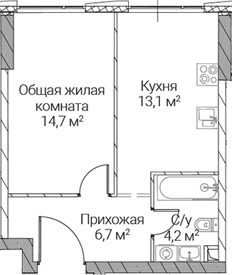 Планировка однокомнатная 38.7 м² в ЖК «СЕЗАР СИЛИКА», корпус 2А