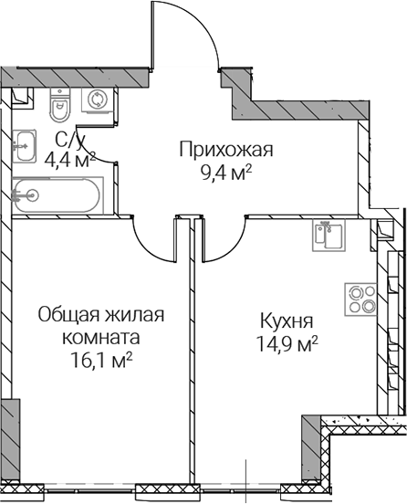 Планировка однокомнатная 44.8 м² в ЖК «СЕЗАР СИЛИКА», корпус 1А