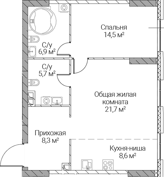 Планировка евродвушка (2Е) 65.7 м² в ЖК «СЕЗАР СИЛИКА», корпус 1А