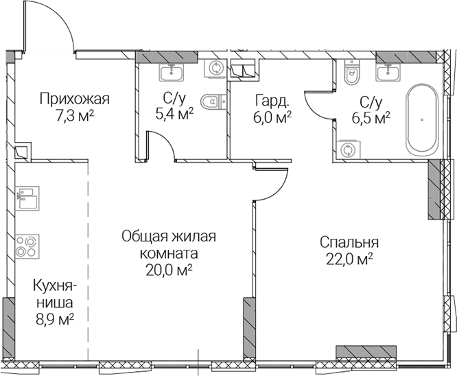 Планировка евродвушка (2Е) 76.1 м² в ЖК «СЕЗАР СИЛИКА», корпус 1А