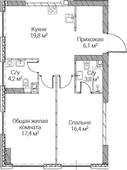 Планировка двухкомнатная 67.7 м² в ЖК «СЕЗАР СИЛИКА», корпус 2А