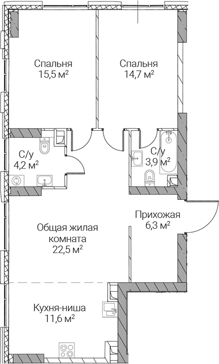 Планировка евротрёшка (3Е) 78.7 м² в ЖК «СЕЗАР СИЛИКА», корпус 2А