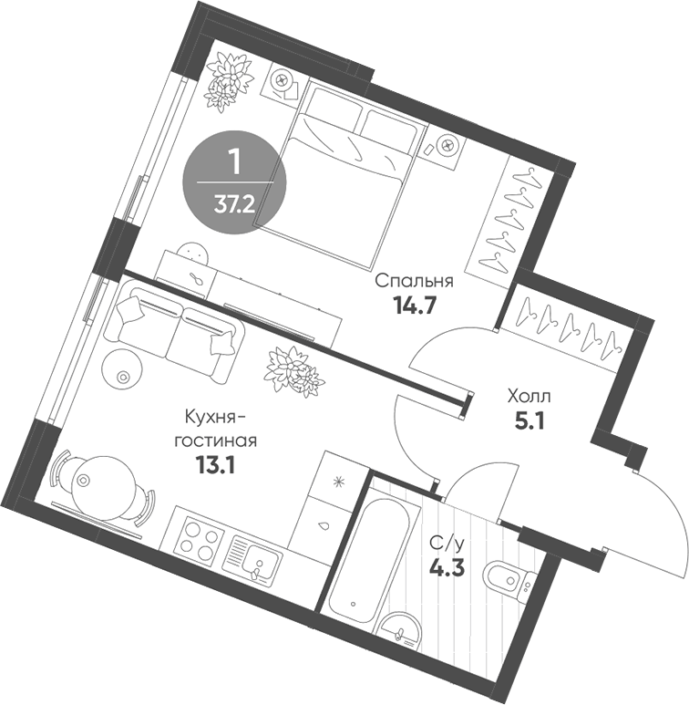 Планировка евродвушка (2Е) 37.2 м² в ЖК «Шагал», корпус 5 Этап 2
