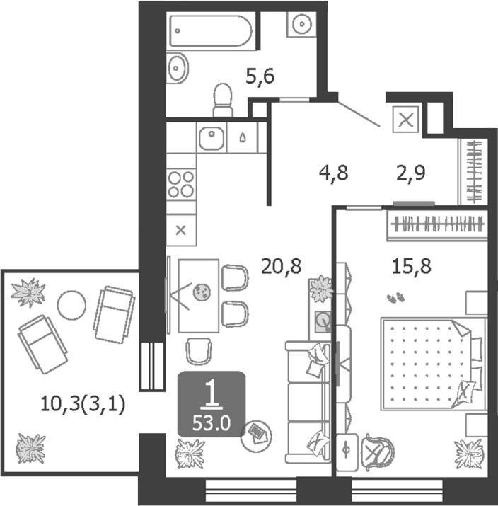 Планировка евродвушка (2Е) 53 м² в ЖК «Шагал», корпус 5 Этап 5