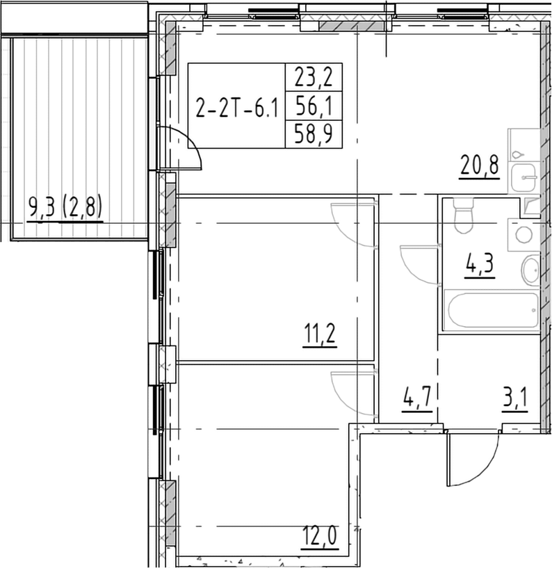 Планировка евротрёшка (3Е) 58.9 м² в ЖК «Шагал», корпус 6 Этап 5