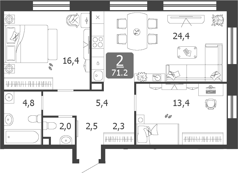 Планировка евротрёшка (3Е) 71.2 м² в ЖК «Шагал», корпус 9 Этап 5