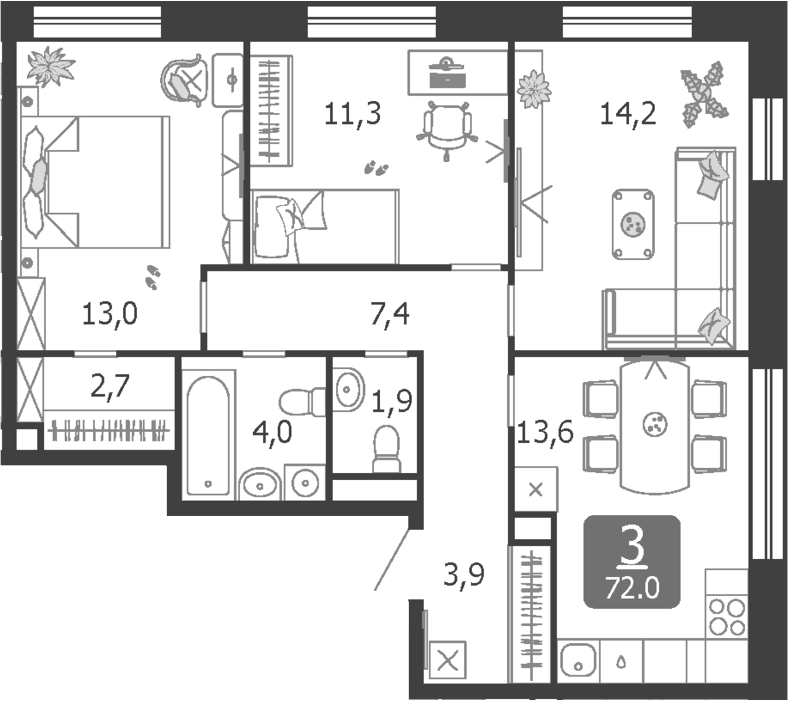 Планировка трёхкомнатная 72 м² в ЖК «Шагал», корпус 5 Этап 5
