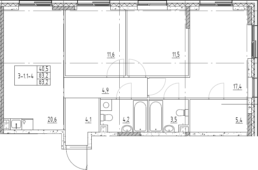 Планировка евро-4 (4Е) 83.2 м² в ЖК «Шагал», корпус 4 Этап 5
