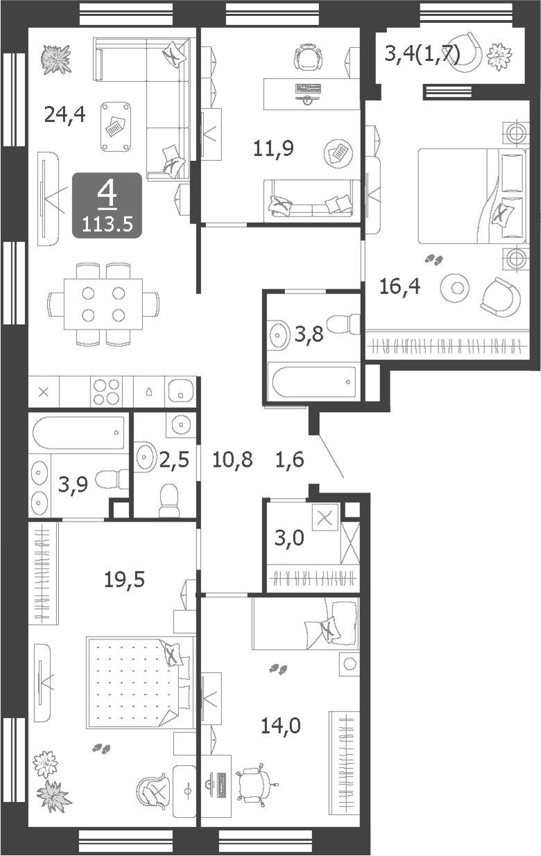 Планировка 5Е-к.кв 113.5 м² в ЖК «Шагал», корпус 8 Этап 5